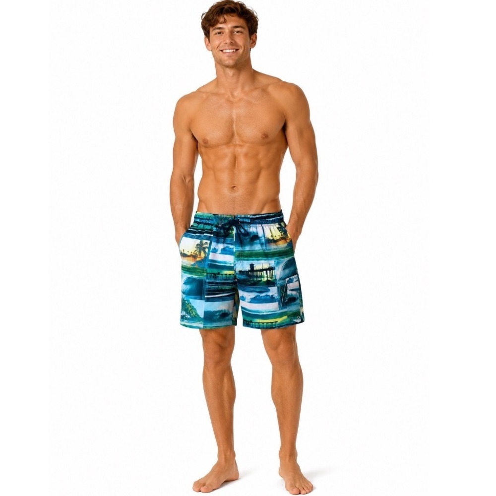 Sonoma Goods for Life Mens Blue Tropical Beach Scene Swim Trunks Size Medium